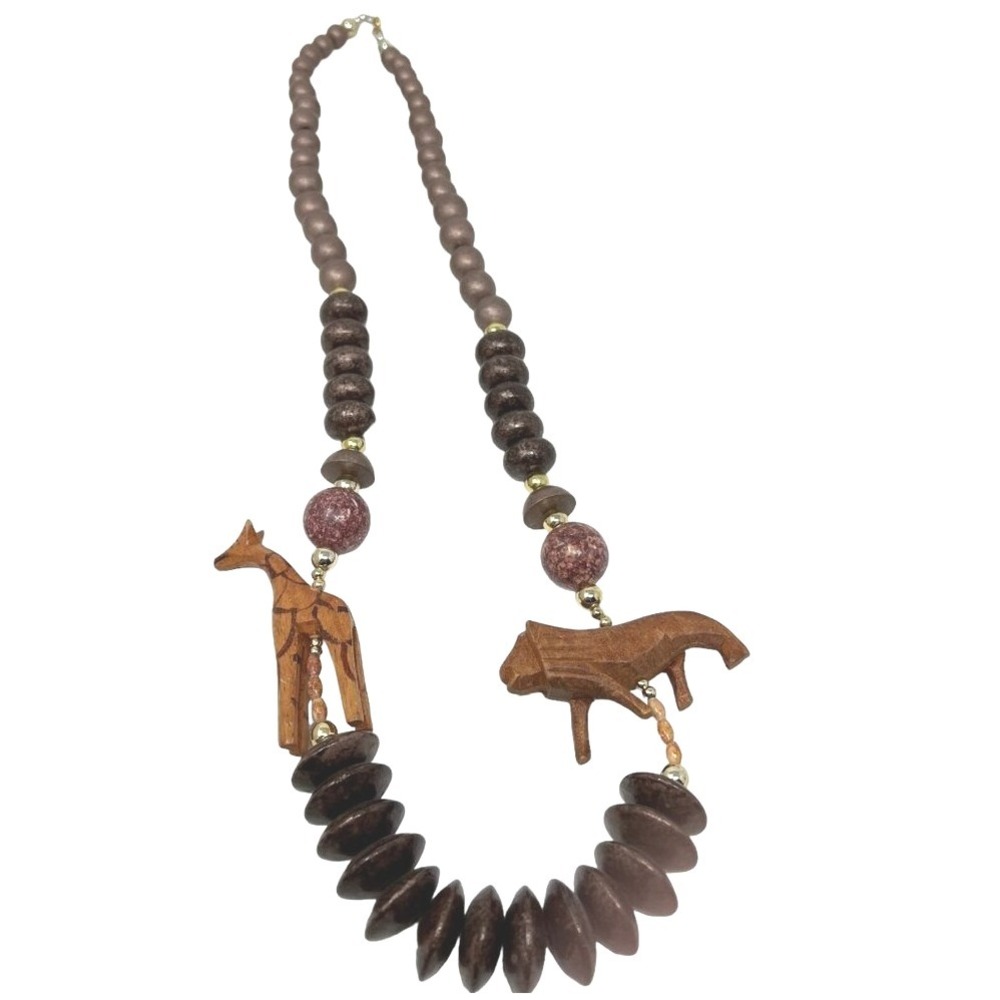 Vintage Beaded Necklace Long Tribal Lion Giraffe Brown‎ Wood and Acrylic